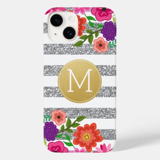 Silver Glitter, Flowers, Stripes, Gold Monogram Case-Mate iPhone Case (Achterkant)