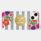 Silver Glitter, Flowers, Stripes, Gold Monogram Case-Mate iPhone Case (Achterkant (horizontaal))