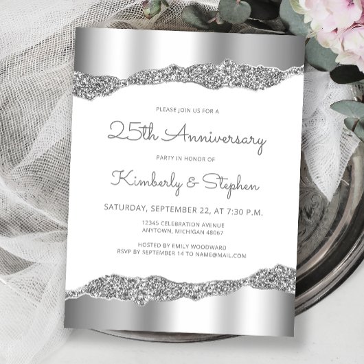 Silver Glitter Foil Edge 25th Anniversary Invite Briefkaart