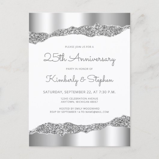 Silver Glitter Foil Edge 25th Anniversary Invite Briefkaart (Voorkant)