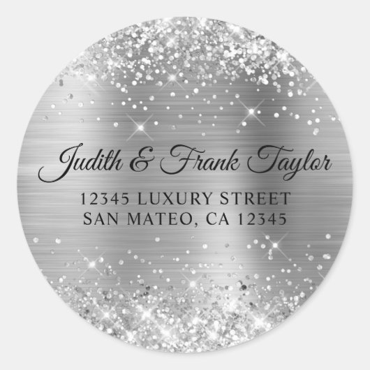 Silver Glitter Folie retouradres Ronde Sticker (Voorkant)