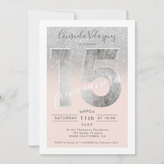 Silver glitter-foliemanuscript blush quinceanera f kaart (Voorkant)
