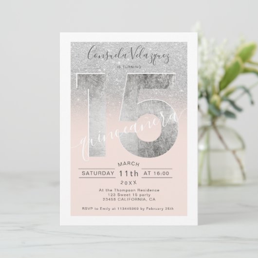 Silver glitter-foliemanuscript blush quinceanera f kaart (Staand voorkant)