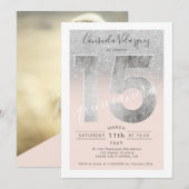 Silver glitter-foliemanuscript blush quinceanera f kaart (Voorkant / Achterkant)