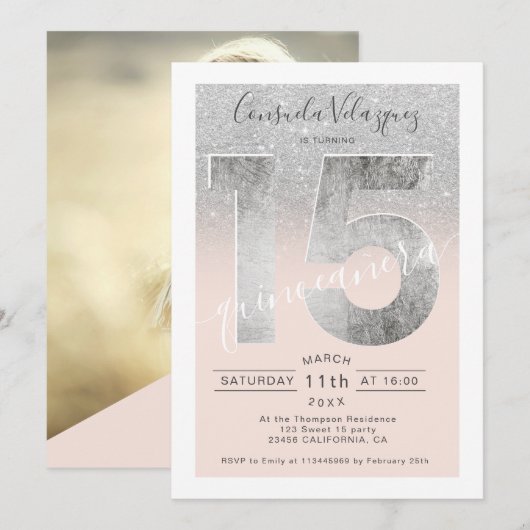 Silver glitter-foliemanuscript blush quinceanera f kaart (Voorkant / Achterkant)