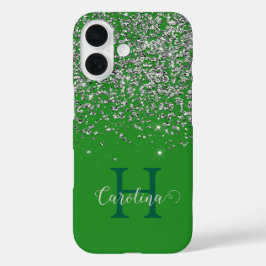 Silver Glitter, Forest Green, Gepersonaliseerd. iPhone 16 Hoesje