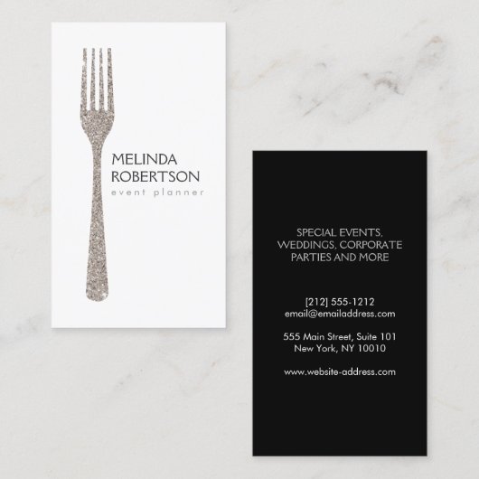 Silver Glitter Fork Event Planner Visitekaartje (Voorkant / Achterkant)