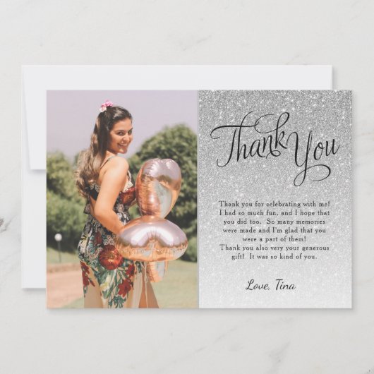Silver Glitter Foto bedankt je platte kaart (Voorkant)