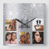 Silver glitter foto collage glamoureuze naam vierkante klok (Voorkant)