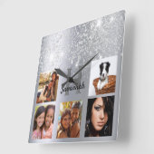 Silver glitter foto collage glamoureuze naam vierkante klok (Hoek)