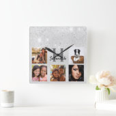 Silver glitter foto collage monogram glamoureus vierkante klok (Huis)