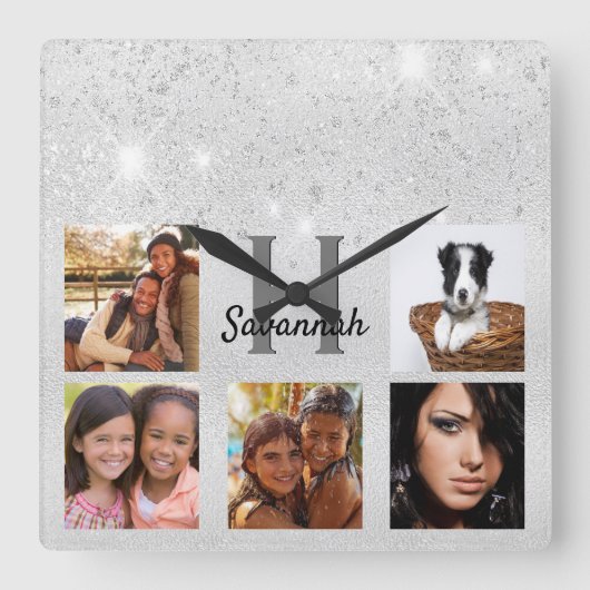 Silver glitter foto collage monogram glamoureus vierkante klok (Voorkant)