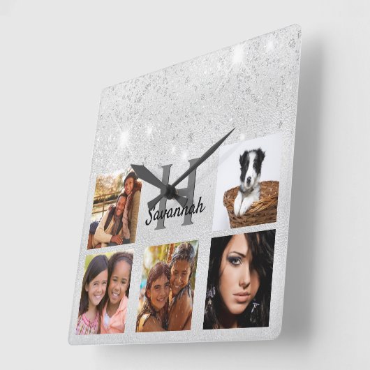 Silver glitter foto collage monogram glamoureus vierkante klok (Hoek)