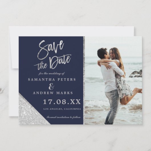 Silver glitter foto navy blue save the date (Voorkant)