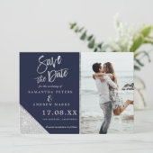 Silver glitter foto navy blue save the date (Staand voorkant)