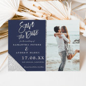 Silver glitter foto navy blue save the date