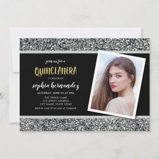 Silver Glitter Foto Quinceanera Uitnodiging (Voorkant)