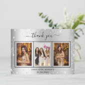 Silver glitter foto verjaardag dank je kaart (Staand voorkant)