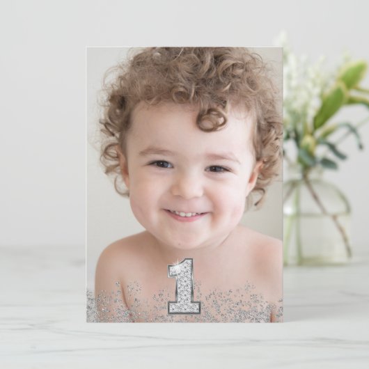 Silver Glitter Foto's Meisjes 1e verjaardag Kaart (Staand voorkant)