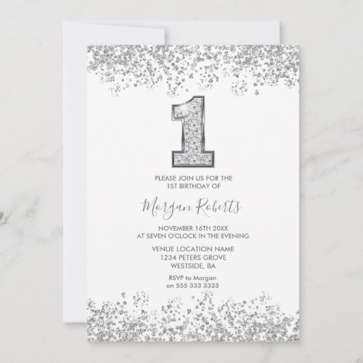 Silver Glitter Foto's Meisjes 1e verjaardag Kaart (Achterkant)