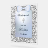Silver Glitter Frame Blue Bow Baptism Welcome Acryl Bord (Hoek)