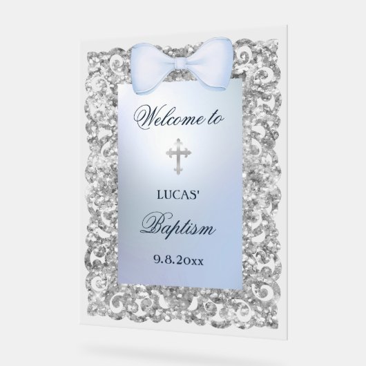 Silver Glitter Frame Blue Bow Baptism Welcome Acryl Bord (Hoek)