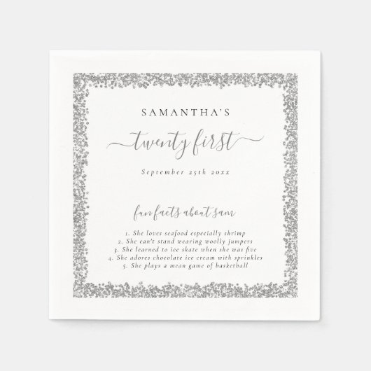 Silver Glitter Fun Facts Name Date 21st Party Servet (Voorkant)