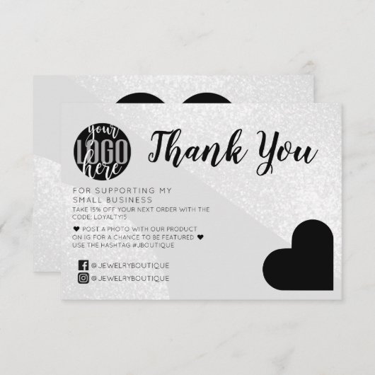 Silver Glitter Geo Heart Logo Klant Hartelijk dank Bedankkaart (Voorkant / Achterkant)