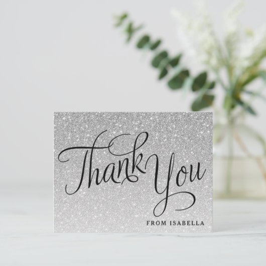 Silver Glitter Gepersonaliseerd Dank u Briefkaart (Staand voorkant)