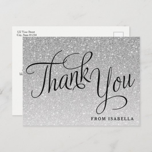 Silver Glitter Gepersonaliseerd Dank u Briefkaart (Voorkant / Achterkant)