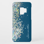 Silver Glitter Girly Custom Name Case-Mate Samsung Galaxy S9 Hoesje<br><div class="desc">Fun girly faux Silver Glitter op blauwe gekleurde achtergrond. Aangepaste naamoptie. Moderne,  trendy en schattig.</div>