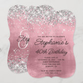 Silver Glitter Girly Pink Monogram 40e verjaardag Kaart (Voorkant / Achterkant)