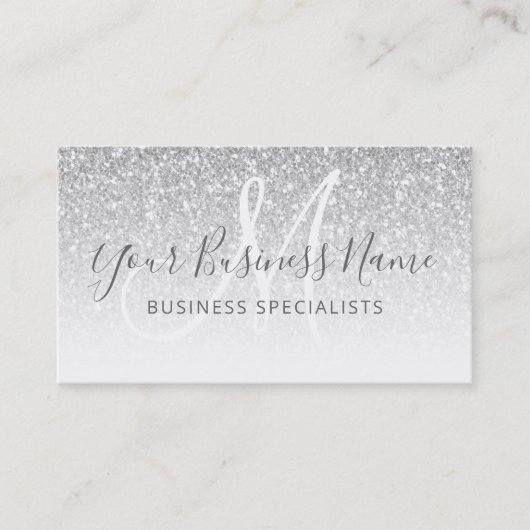 Silver Glitter Girly Script Business Logo Monogram Visitekaartje (Voorkant)
