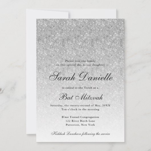 Silver Glitter Glam Bat Mitzvah Kaart (Voorkant)