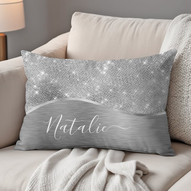 Silver Glitter Glam Bling Personalized Metallic Accent Kussen (Creator heeft geüpload)