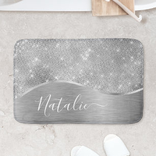 Silver Glitter Glam Bling Personalized Metallic Badmat