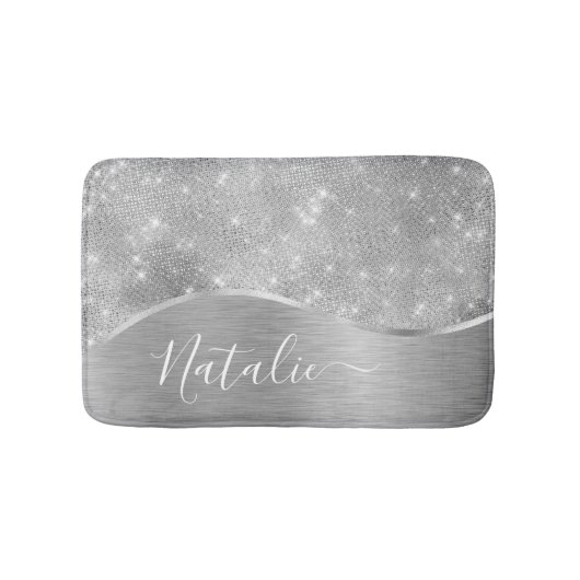Silver Glitter Glam Bling Personalized Metallic Badmat (Voorkant)