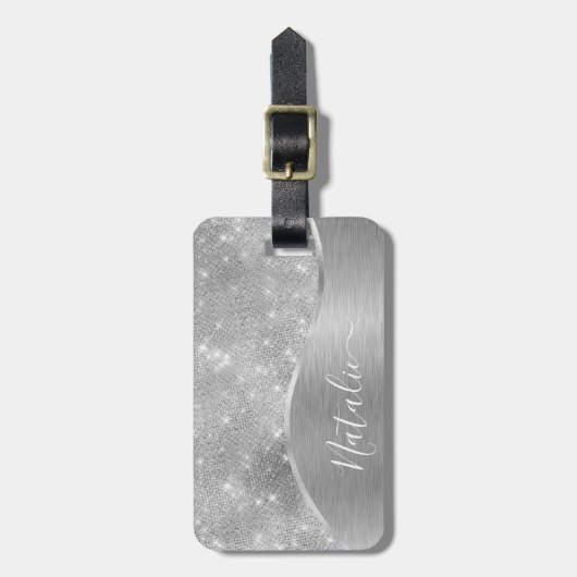 Silver Glitter Glam Bling Personalized Metallic Bagagelabel (Voorkant verticaal)