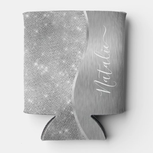 Silver Glitter Glam Bling Personalized Metallic Blikjeskoeler (Voorkant)