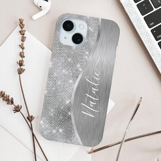 Silver Glitter Glam Bling Personalized Metallic Case-Mate iPhone Case