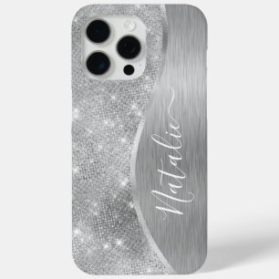 Silver Glitter Glam Bling Personalized Metallic iPhone 15 Pro Max Hoesje