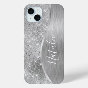 Silver Glitter Glam Bling Personalized Metallic iPhone 15 Mini Hoesje