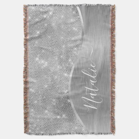 Silver Glitter Glam Bling Personalized Metallic Deken (Voorkant Verticaal)