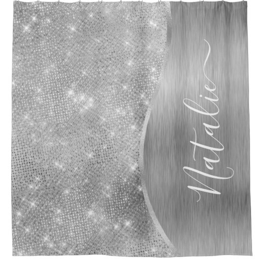 Silver Glitter Glam Bling Personalized Metallic Douchegordijn (Voorkant)
