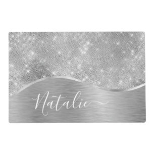 Silver Glitter Glam Bling Personalized Metallic Gelamineerde Placemat