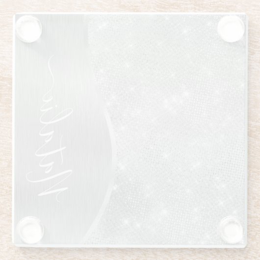 Silver Glitter Glam Bling Personalized Metallic Glazen Onderzetter (Achterkant)