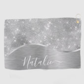 Silver Glitter Glam Bling Personalized Metallic Golfhanddoek (Horizontaal)