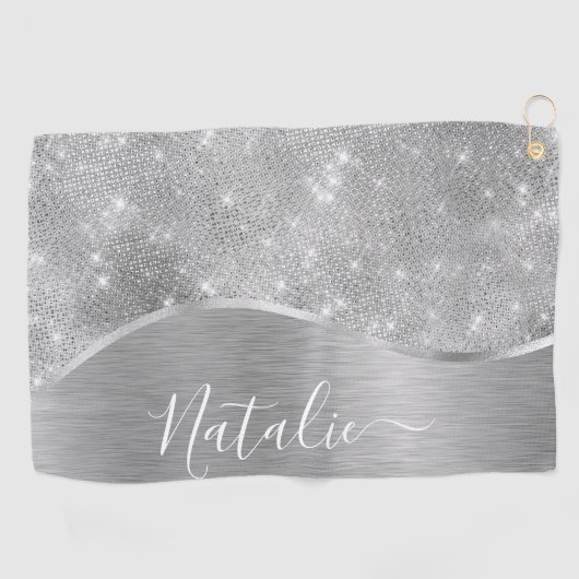 Silver Glitter Glam Bling Personalized Metallic Golfhanddoek (Horizontaal)