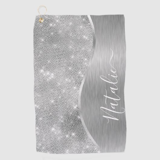 Silver Glitter Glam Bling Personalized Metallic Golfhanddoek (Voorkant)