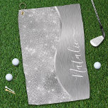 Silver Glitter Glam Bling Personalized Metallic Golfhanddoek<br><div class="desc">Pas dit zilveren geborstelde metaal eenvoudig aan en glamoureus faux glitter patterde golfhanddoek met uw eigen eigen naam.</div>